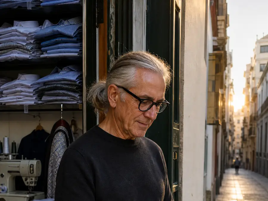 El cortador en la puerta del taller, con una camisa reci&eacute;n doblada