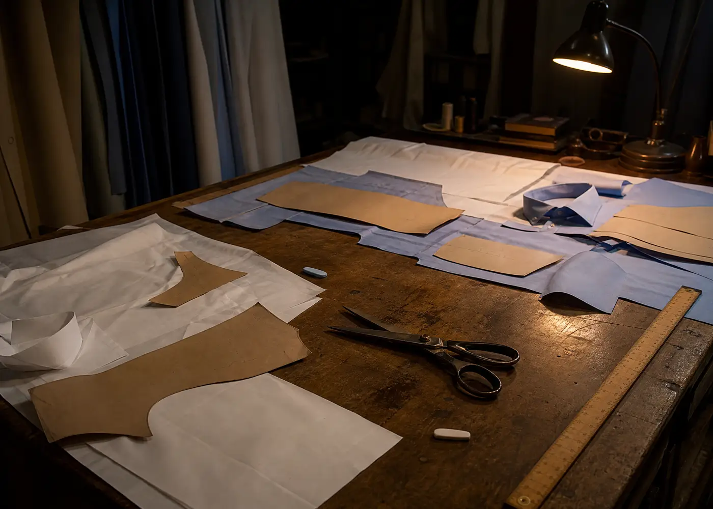 Patrones y tela sobre la mesa de corte del taller
